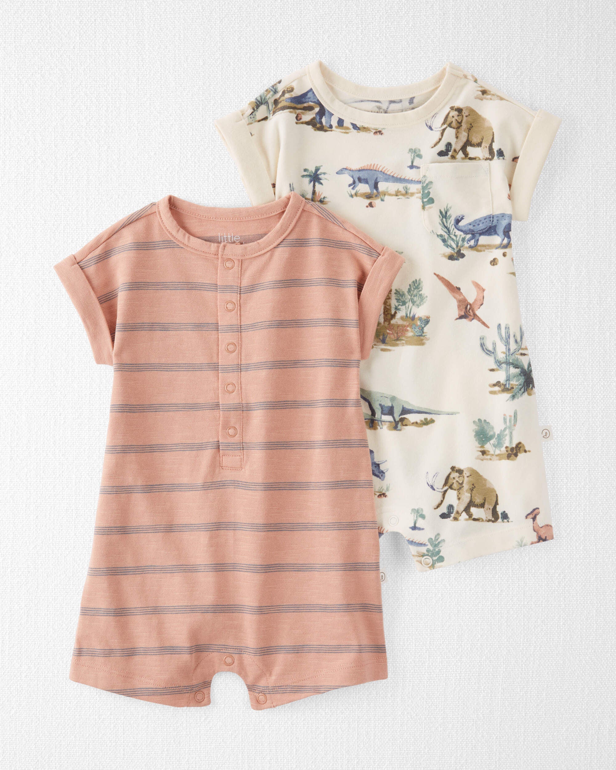 Prehistoric Print Painterly Stripes 2 Pack Organic Cotton Rompers