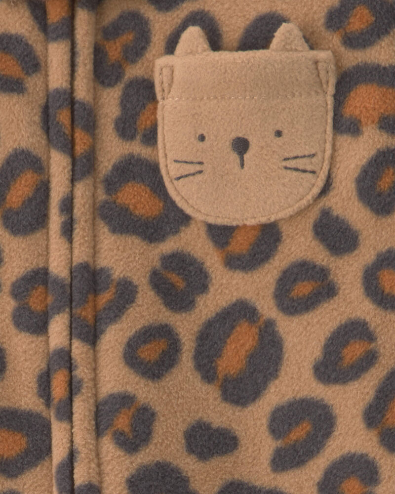 Baby Girl Leopard Fleece 2-Way Zip Sleeper - Brown, image 3 of 5 slides