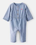 Baby Girl Heart Chambray Long-Sleeve Denim Jumpsuit - Blue, image 1 of 4 slides