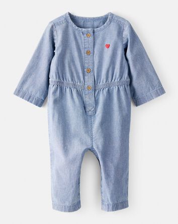 Baby Girl Heart Chambray Long-Sleeve Denim Jumpsuit - Blue, 