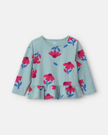 Toute-petite fille - Haut p&eacute;plum manches longues &agrave; motif floral - Bleu/Rouge, 
