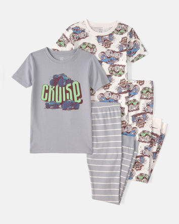Boys Monster Truck 100% Cotton Snug Fit 4-Piece Pyjama Set - Grey, 