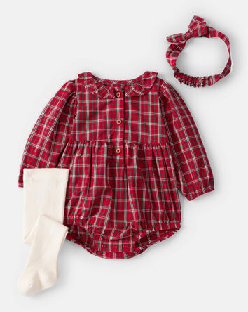 Ensemble Bébé Fille 3 Pièces - Barboteuse Manches Longues + Robe Bretelles + Bandeau