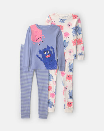 Girls 4-Piece Monster 100% Cotton Snug Fit Pyjama Set - Blue/Cream, 
