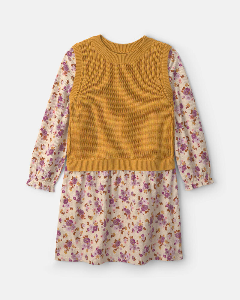 Girls Floral Long-Sleeve Dress - Yellow/Cream, image 1 of 4 slides