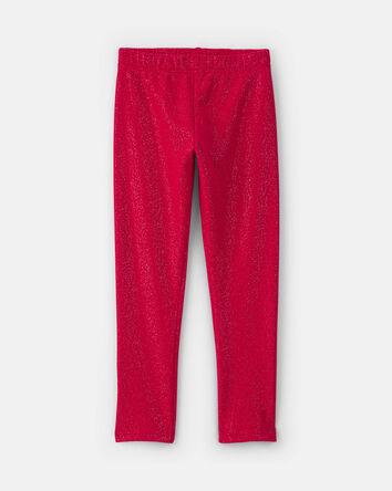 Girls Glitter Fleece Pull-On Stretch Leggings - Red, 