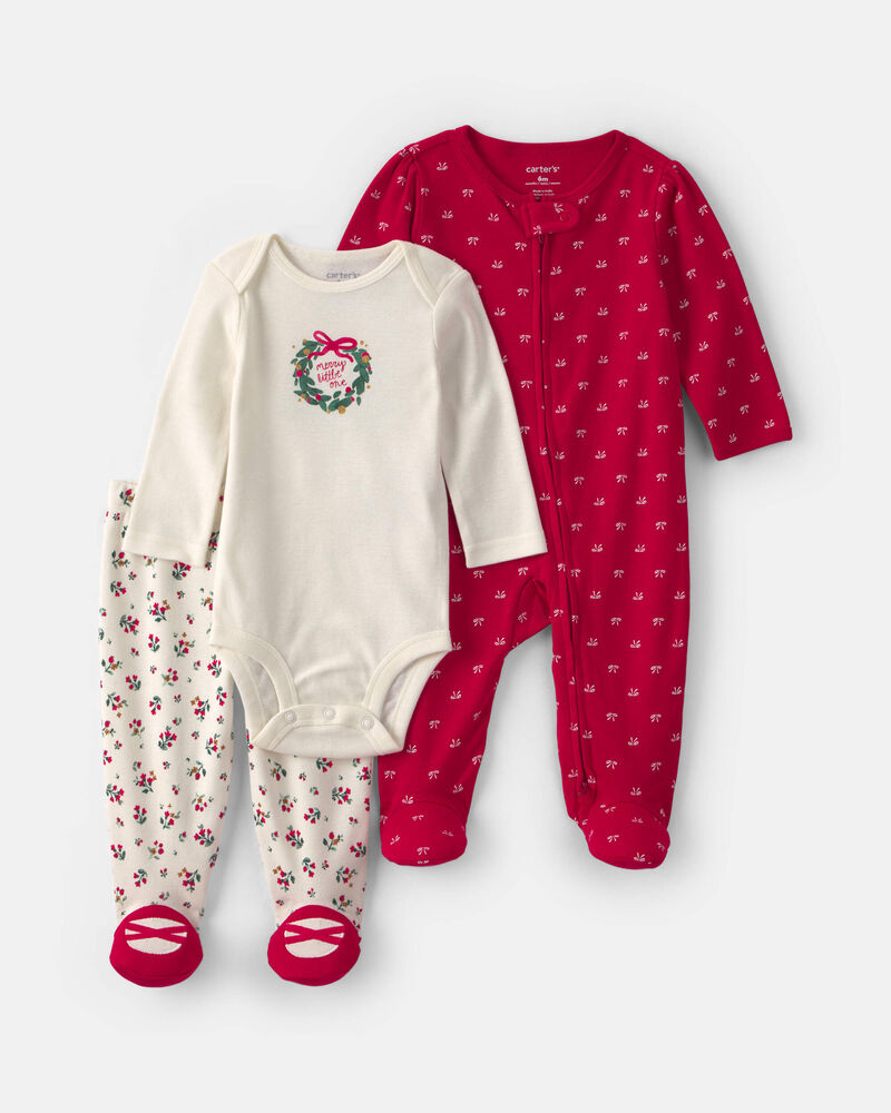 B&eacute;b&eacute; fille - Ensemble 3 pi&egrave;ces &agrave; couronne de No&euml;l &laquo;Merry Little One&raquo; &ndash; Rouge/Cr&egrave;me, image 1 sur 6 diapositives