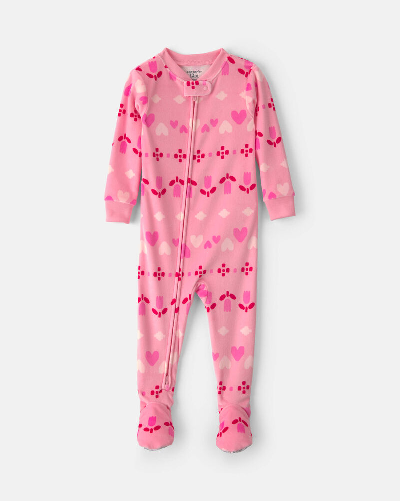 Toute-petit fille - Pyjama ajust&eacute; 1 pi&egrave;ce en DreamPlush avec pieds &agrave; motif jacquard et c&oelig;urs &ndash; Rose, image 1 sur 3 diapositives