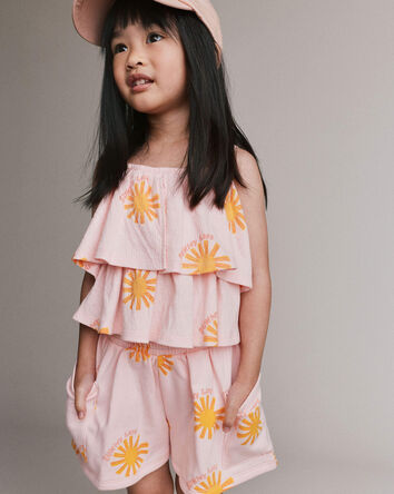 Toddler Girl Off Shoulder Flowy Top in Sunny Life Print - Light Pink, 