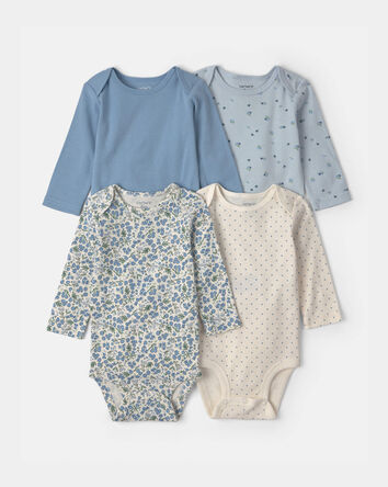 Baby Girl 4-Pack Blueberry Floral Long-Sleeve Bodysuits - Blue, 