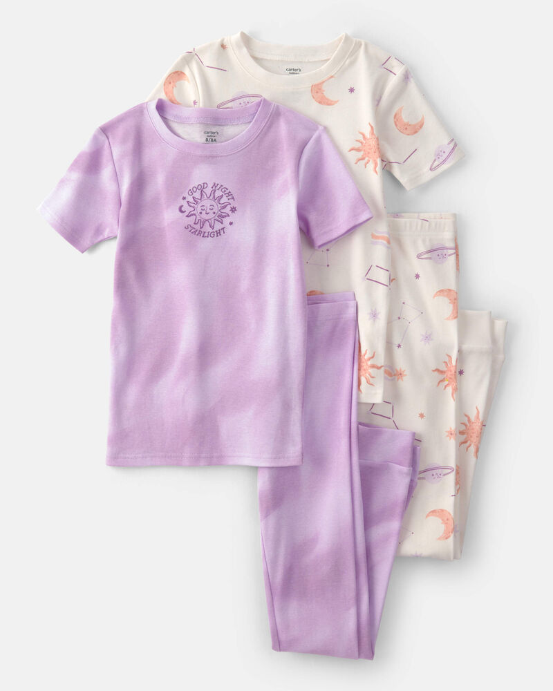 Girls Space Constellation Tie-Dye 100% Cotton Snug Fit 4-Piece Pyjama Set - Purple, image 1 of 5 slides