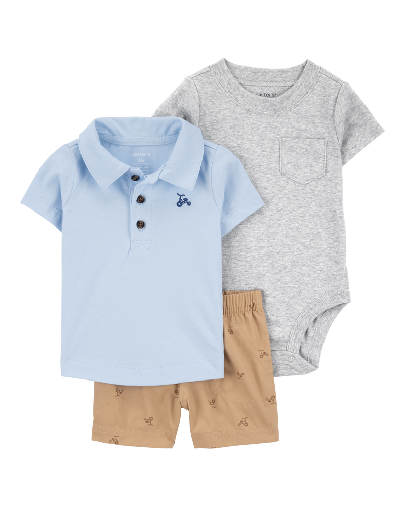 Bébé garçon - Ensemble 3 pièces polo - Bleu, image 1 sur 4 diapositives