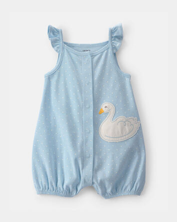 Baby Girl Swan Polka Dot Sleeveless Romper - Blue, 