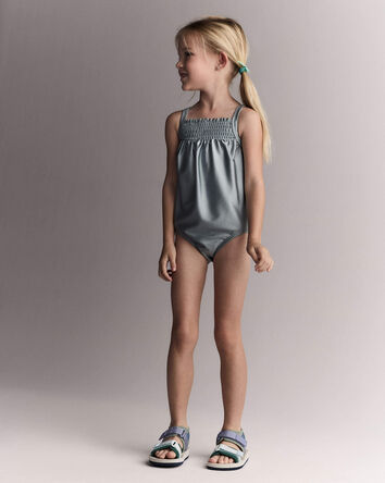 Toddler Girl Smocked One-Piece Swimsuit - Pale Blue, 