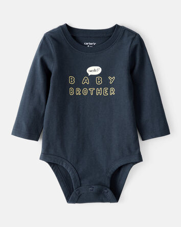 Baby Boy Sweetest Baby Brother Cotton Long-Sleeve Graphic Bodysuit - Navy Blue, 