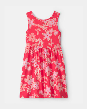 Girls Tropical Floral Sleeveless Knit Dress - Pink/Orange, 