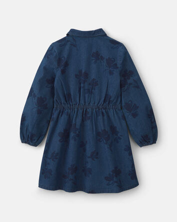 Girls Floral Denim Long-Sleeve Dress - Dark Wash, 