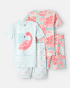 Girls Flamingo 100% Cotton Short-Sleeve Snug Fit 4-Piece pyjama Set - Pink/Blue, image 1 of 5 slides