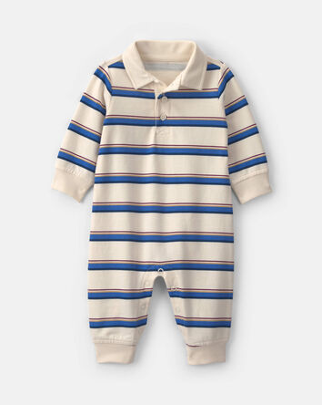 B&eacute;b&eacute; gar&ccedil;on - Combinaison manches longues en jersey bouclette &agrave; rayures - Bleu/Cr&egrave;me, 