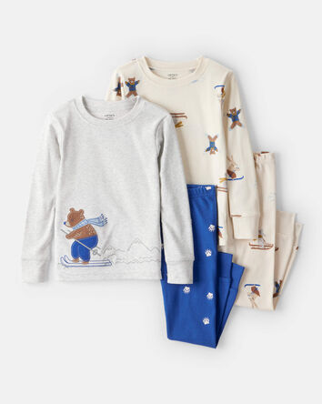 Tout-petit garçon - Pyjamas en coton à manches longues ajustés en 4 pièces avec imprimé forestier - Blanc/Bleu, 