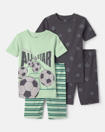 Boys Soccer 100% Cotton Short-Sleeve Snug Fit 4-Piece pyjama Set - Green/Grey, 