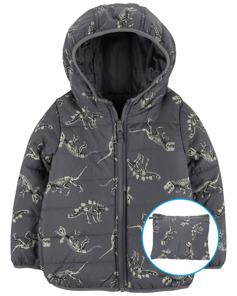 Kid Fossil Dino Print Packable Puffer Jacket, image 1 of 6 slides