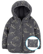 Kid Fossil Dino Print Packable Puffer Jacket, image 1 of 6 slides