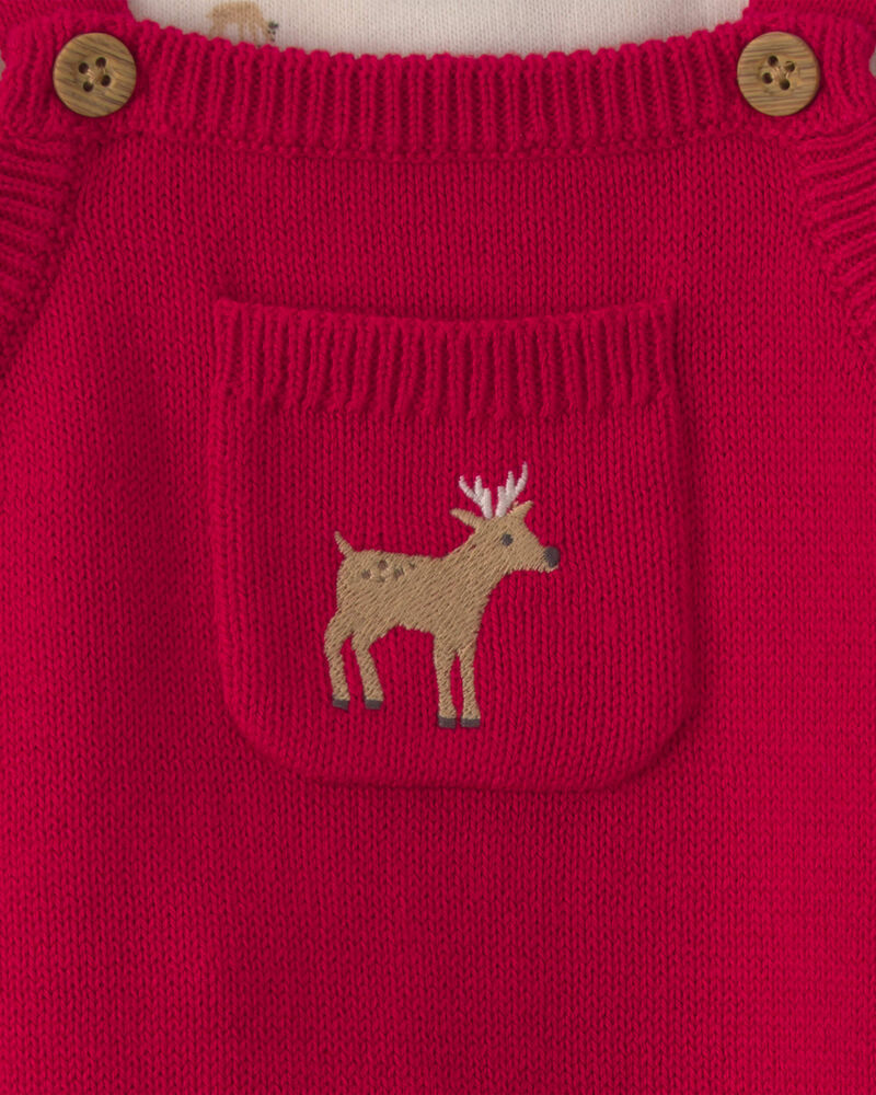 Baby Boy 2-Piece Reindeer Long-Sleeve Sweater Overall Set - Red/Cream, image 4 of 6 slides