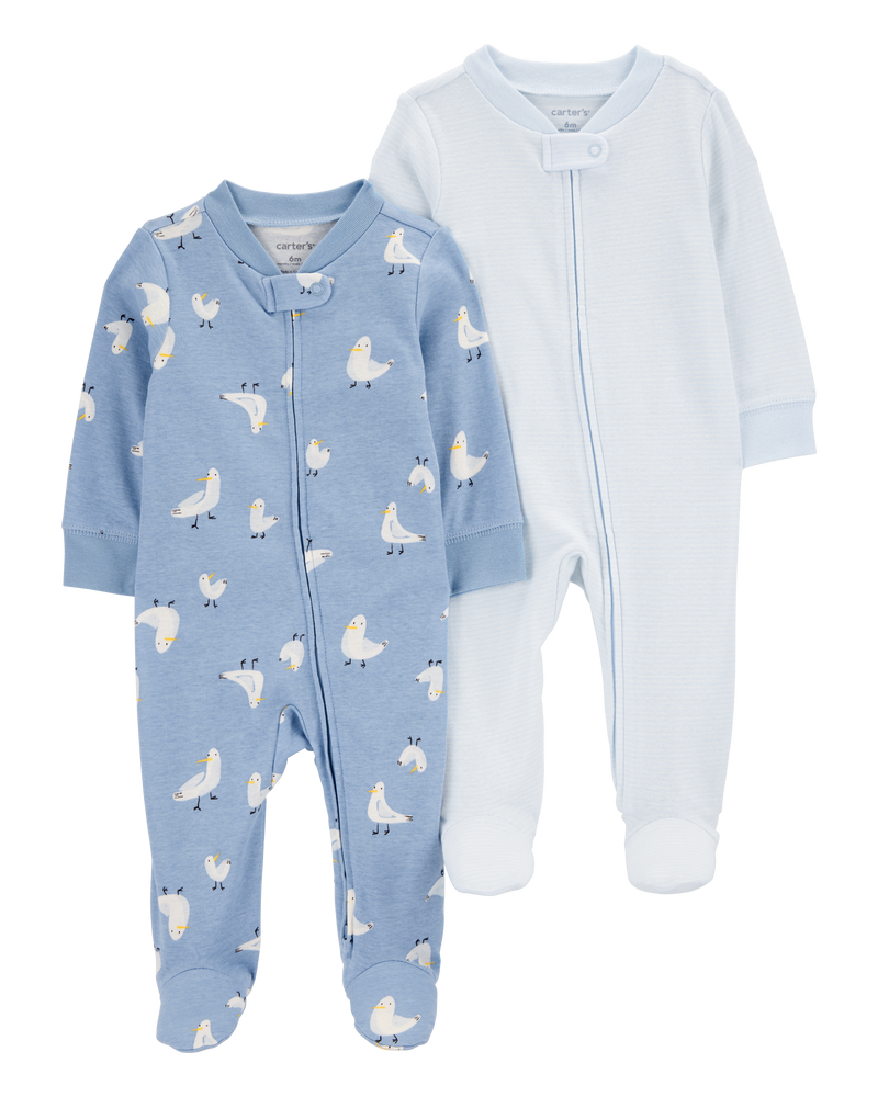 Baby 2-Pack Pelican Striped 2-Way Zip Cotton Sleeper Pyjamas - Blue, image 1 of 4 slides
