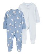 Baby 2-Pack Pelican Striped 2-Way Zip Cotton Sleeper Pyjamas - Blue, image 1 of 4 slides