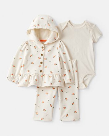 Baby Girl 3-Piece Floral French Terry Long-Sleeve Bodysuit & Pant Set - White, 