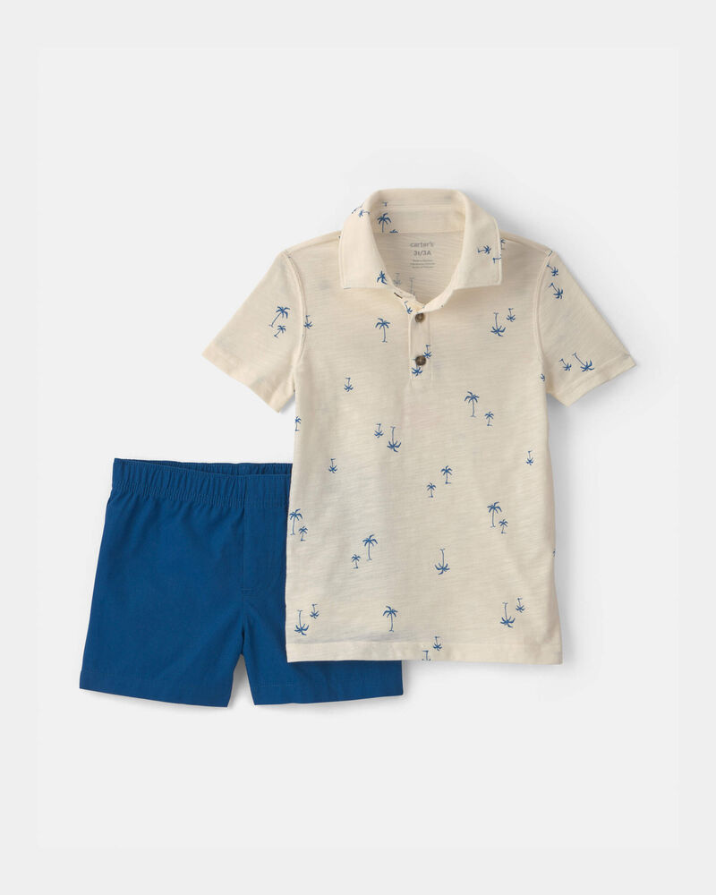Tout-petit gar&ccedil;on - Ensemble 2 pi&egrave;ces polo &agrave; palmiers et short - Bleu/Ivoire, image 1 sur 3 diapositives