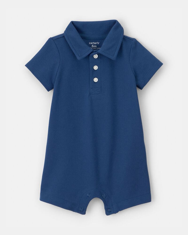 Baby Boy Pique Polo Short-Sleeve Romper - Navy Blue, image 1 of 3 slides