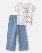 Girls 2-Piece Cherry Polka Dots Tee & Pant Set - Blue/Ivory, image 1 of 5 slides