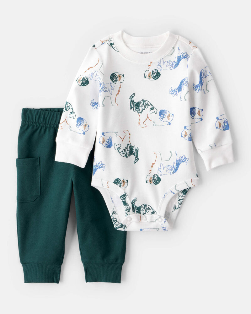 Baby Boy 2-Piece Dog Print Bodysuit & Pant Set - White/Green, image 1 of 6 slides