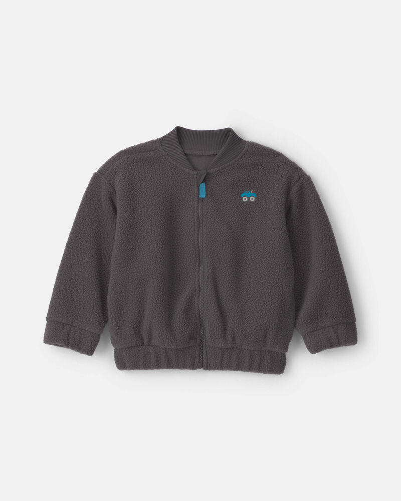 Monster Truck Teddy Microfleece Zip-Up Jacket - Charcoal Gray, image 1 of 3 slides