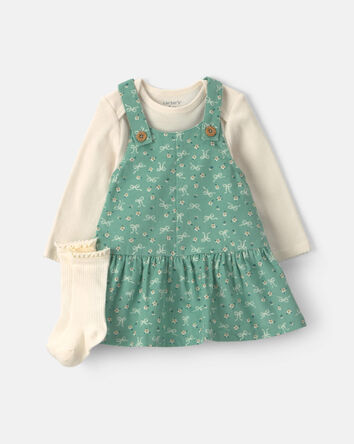 Baby Girl 3-Piece Bow Floral Corduroy Long-Sleeve Dress Set - Green/Cream, 