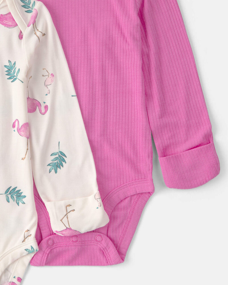 Baby Girl 2-Pack Flamingo PurelySoft Long-Sleeve Multipack Bodysuits - Pink/Ivory, image 2 of 7 slides
