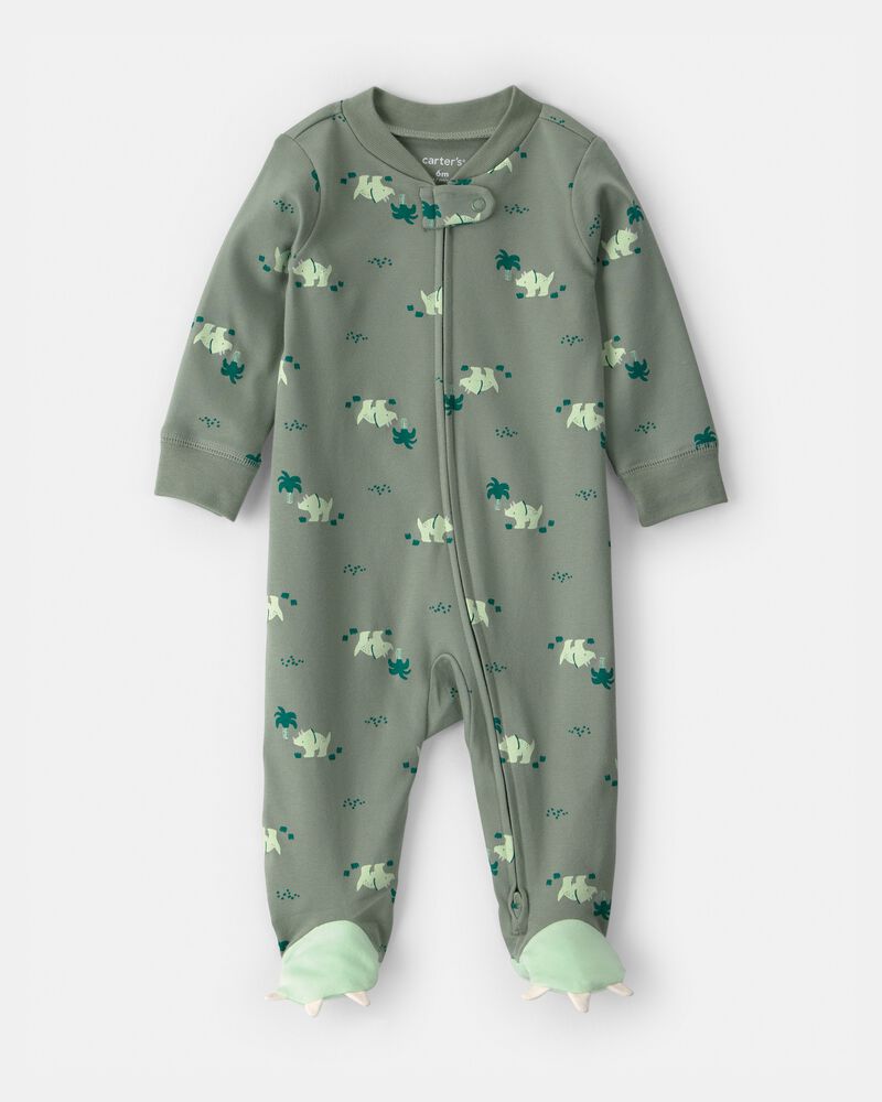 Baby Boy Dinosaur 2-Way Zip 100% Cotton Sleeper - Green, image 1 of 5 slides