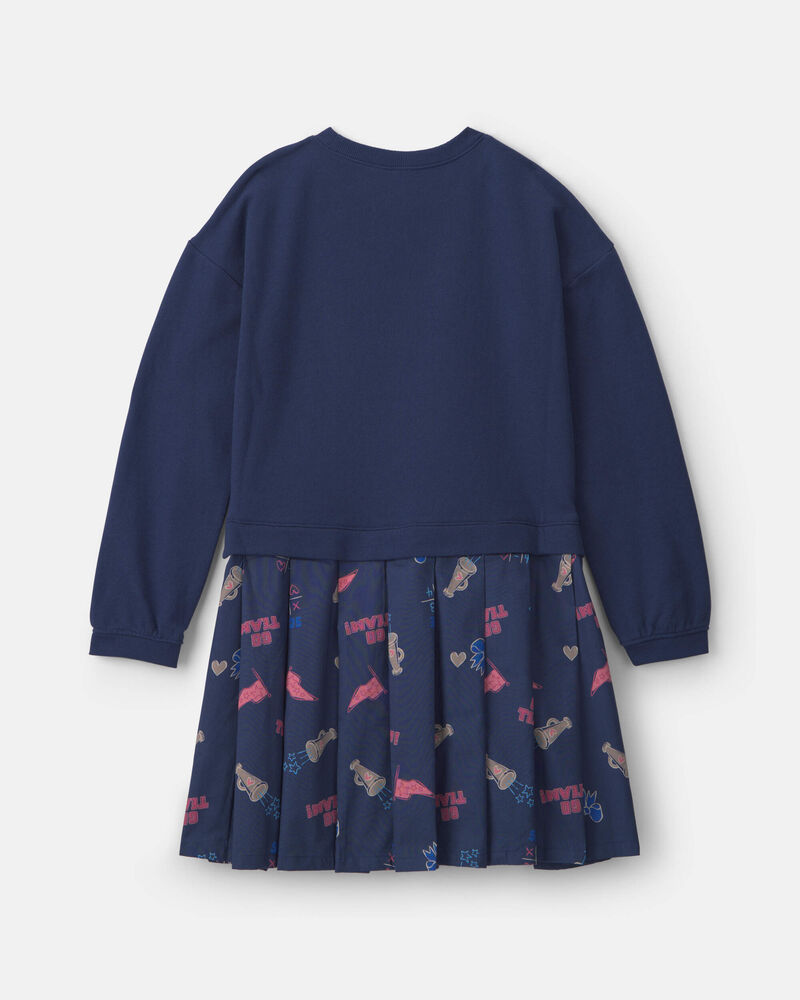 Girls Long Sleeve Cheer Print Dress - Navy, image 2 of 4 slides