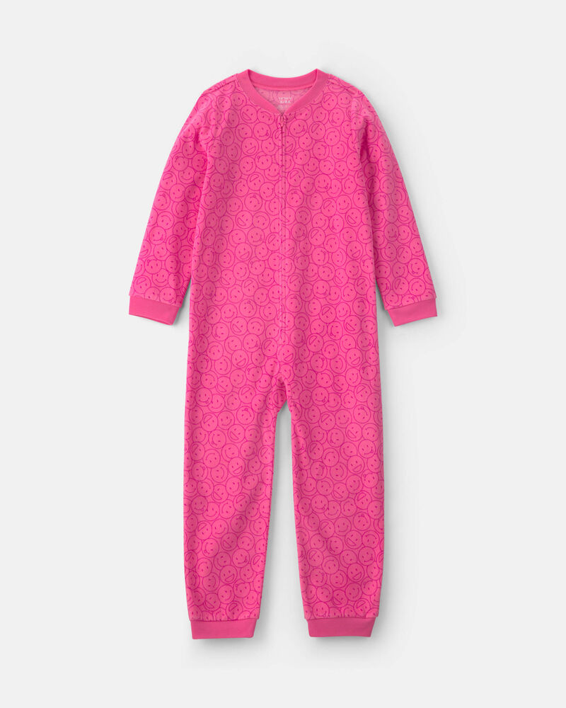 Girls 1-Piece Smiley Faces Fleece Loose Fit Pyjama - Pink, image 1 of 4 slides