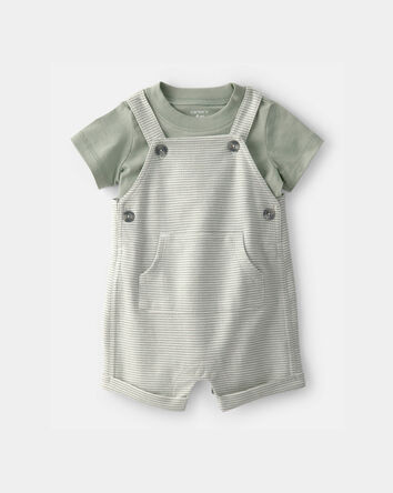 B&eacute;b&eacute; gar&ccedil;on - Ensemble 2 pi&egrave;ces haut &agrave; rayures et salopette courte - Vert, 