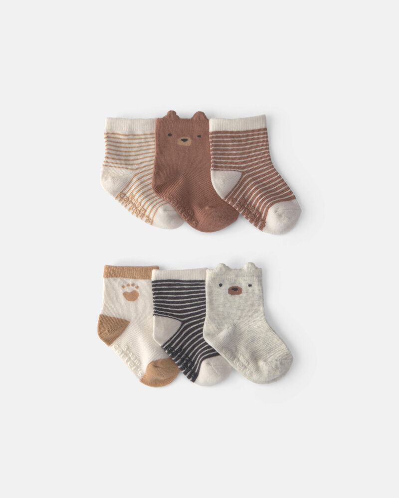 Baby Boy 6-Pack Bear Striped No Show Socks - Brown/Cream, image 1 of 2 slides