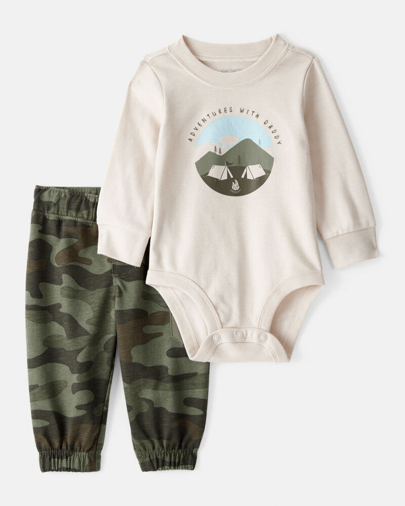 Baby Boy 2-Piece Camping Camo Cotton Long-Sleeve Bodysuit & Pant Set - Green/Beige, image 1 of 6 slides