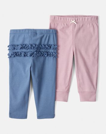 Bébé fille - Emballage de 2 pantalons en coton à enfiler – Bleu, rose, 
