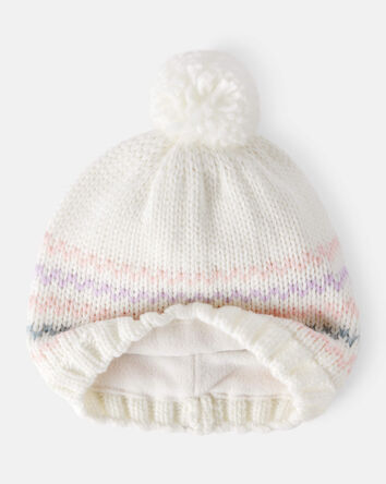 Girls Striped Pom Winter Hat - White, 