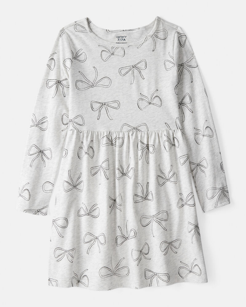 Girls Bow Print Long Sleeve Cotton Dress - Grey, image 1 of 4 slides