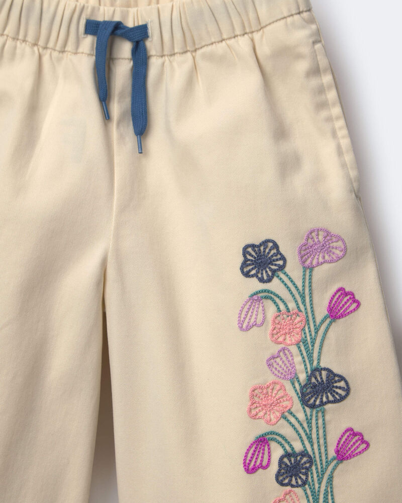 Toddler Girl Embroidered Wide-Leg Pants with Flowers - Cream, image 3 of 3 slides