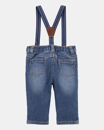 Baby Knit-Denim Suspender Pants - Blue, 