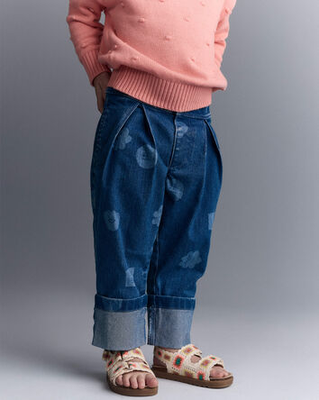 Tout-petit fille - Pantalon &agrave; plis et revers en denim, imprim&eacute; personnages - Bleu, 